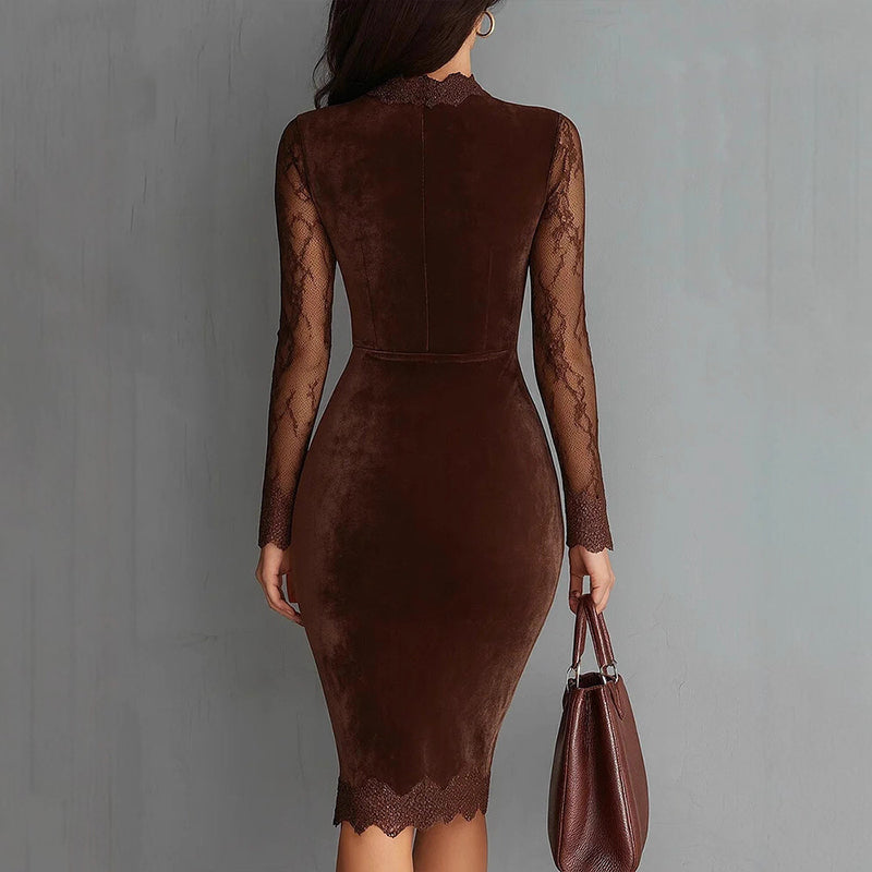 Women's Solid Color Sexy Lace Trim Bodycon Midi Dress, Long Sleeve Party Dress For Spring Autumn Evenings - M Chic Boutique