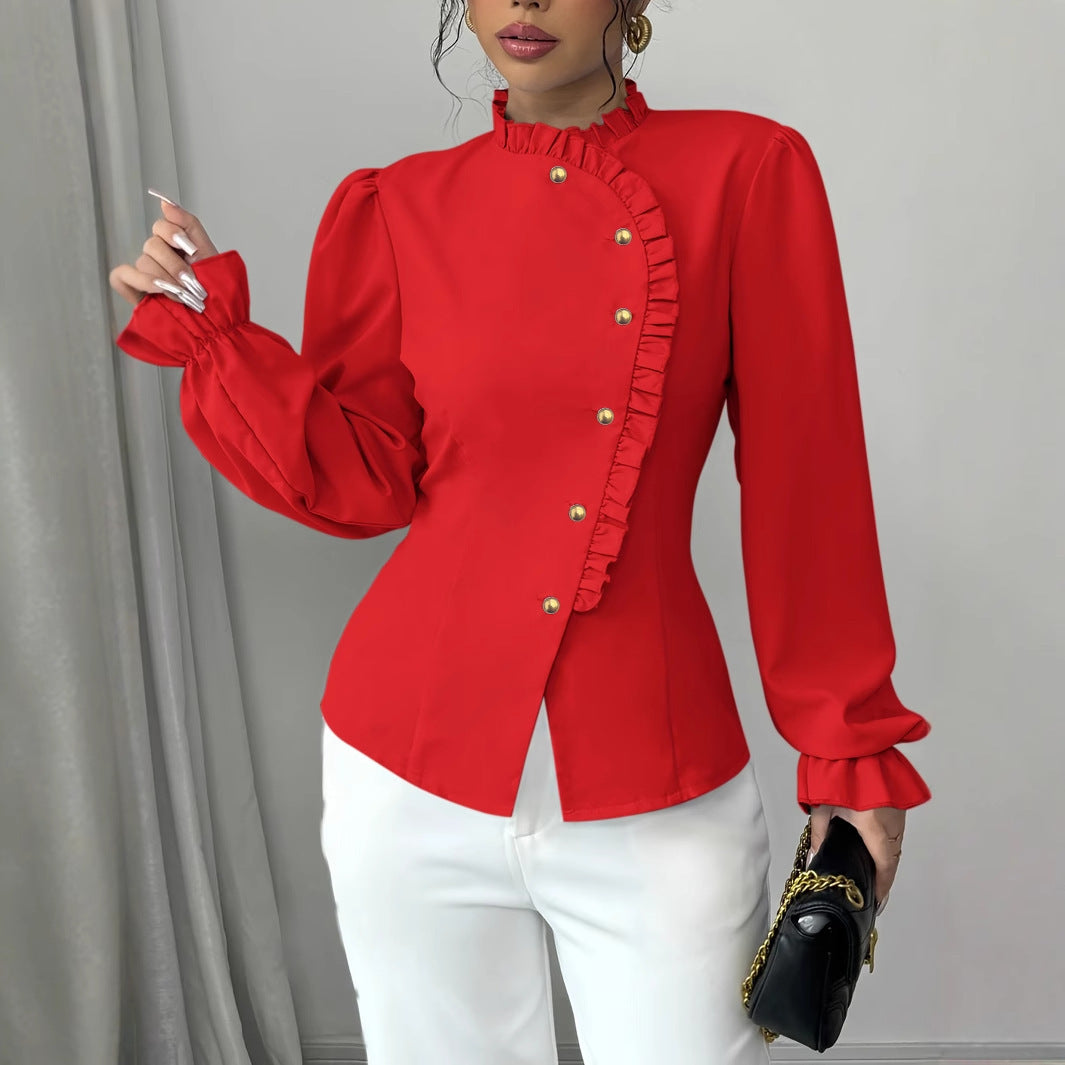 Women's Elegant French Asymmetrical Button-down Long Sleeve Blouse