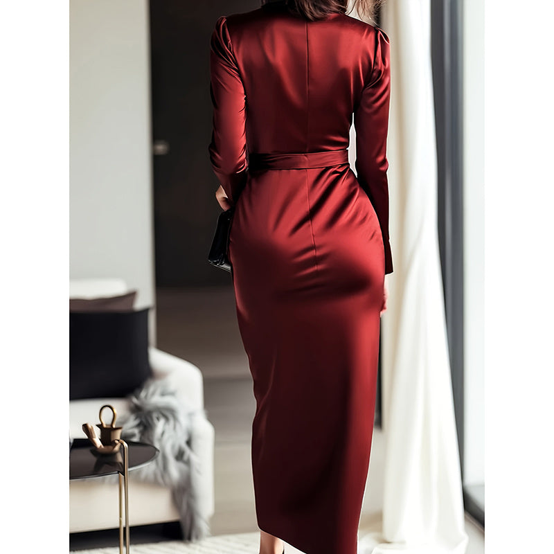 Satin Midi Dress Elegant V-Neck