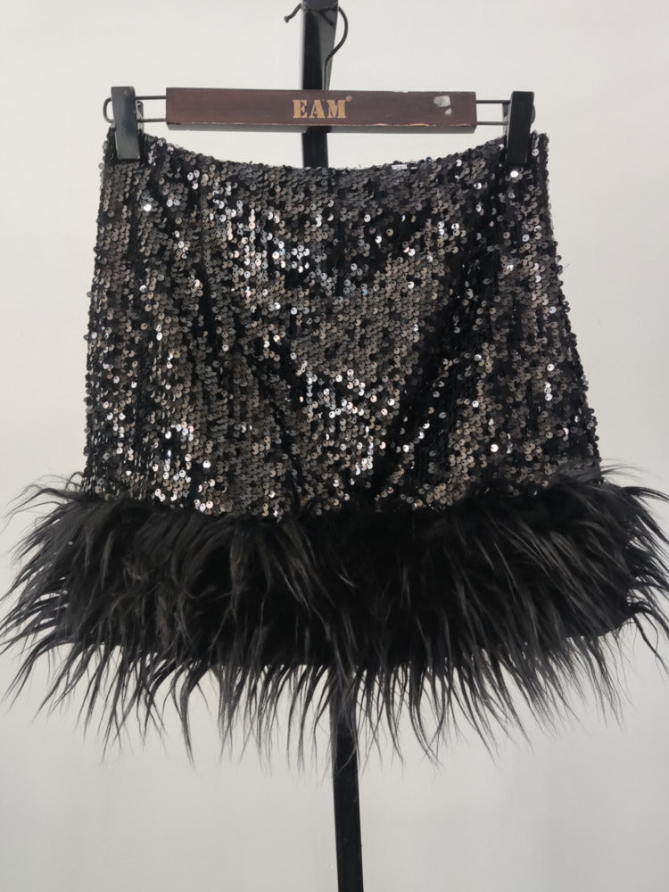 Sequin Feather Stitched Short Skirt
