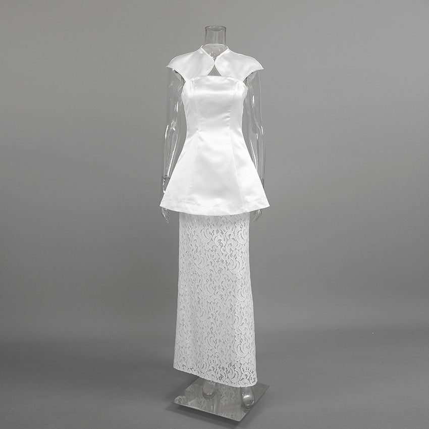 Two-piece Set- Irregular Strapless Top And White Lace Skirt