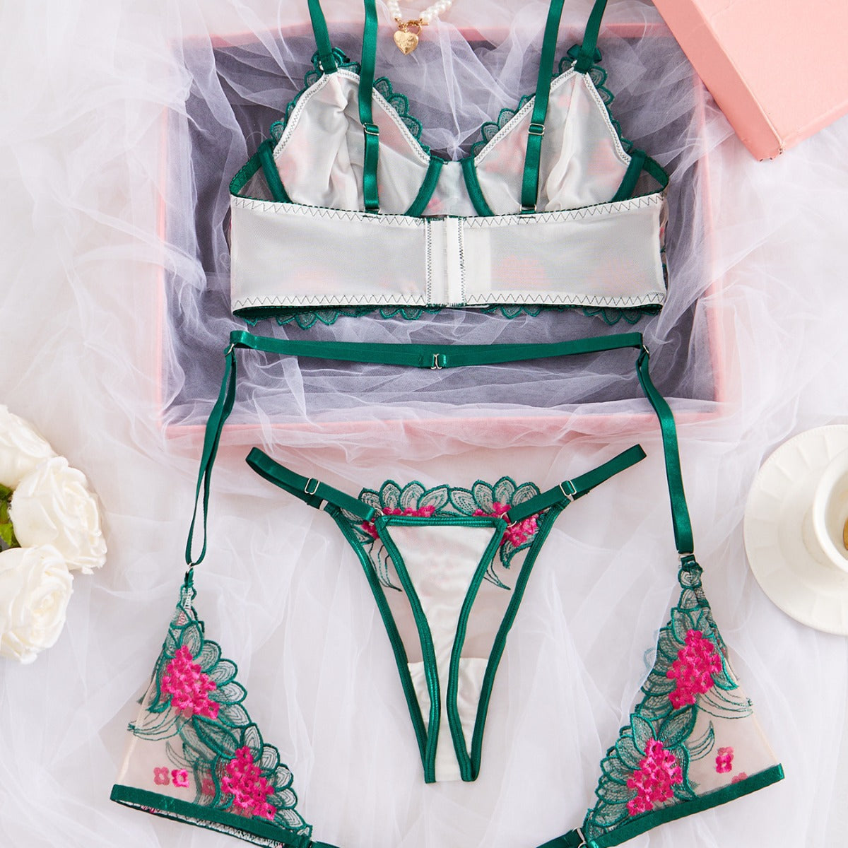 See-through sexy lingerie set from M Chic Boutique, featuring delicate, sheer intimate apparel with intricate lace details.