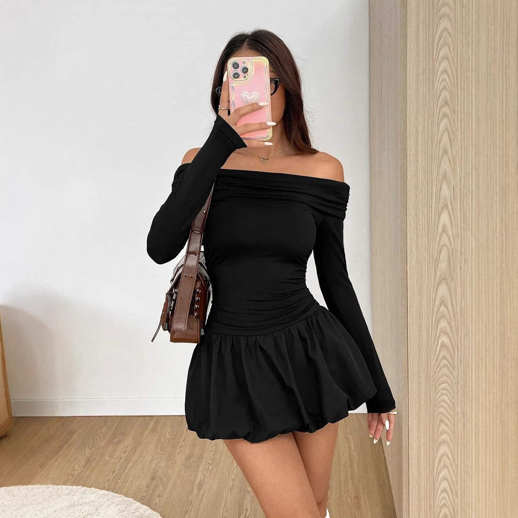 One-Shoulder Long-Sleeve Ruffle Dress