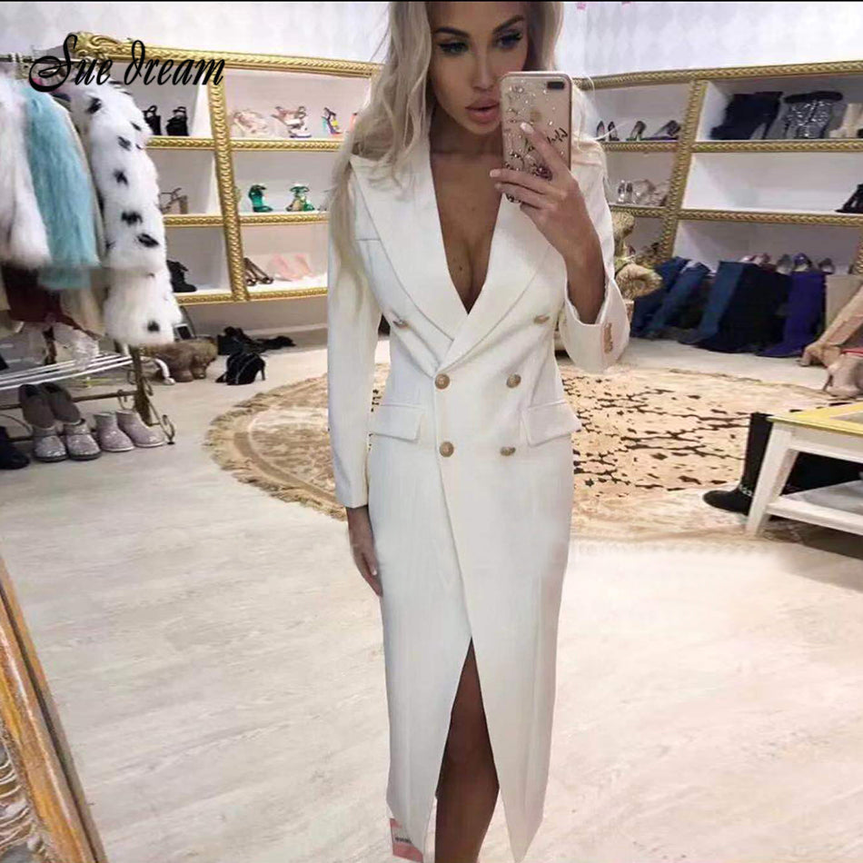 Slim long double-breasted dress in elegant design by M Chic Boutique, featuring a tailored fit and sophisticated style.