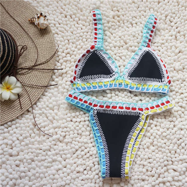 M Chic Boutique woven bikini set swim suit with strappy top and matching bottoms, perfect for beach or poolside lounging.