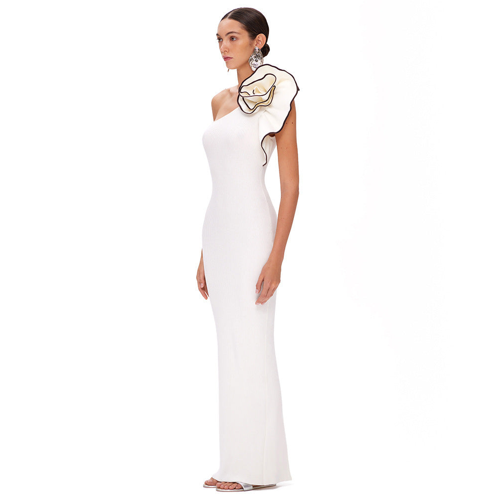 White One-shoulder Flower Long Dress