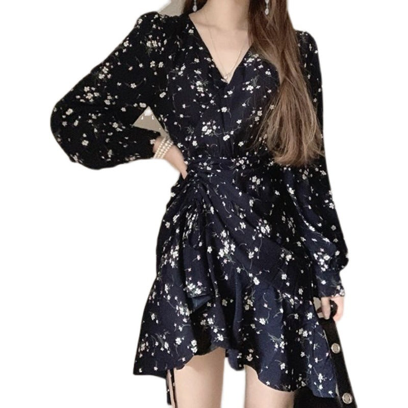 V-neck Cross Waist Bubble Sleeve Floral Dress