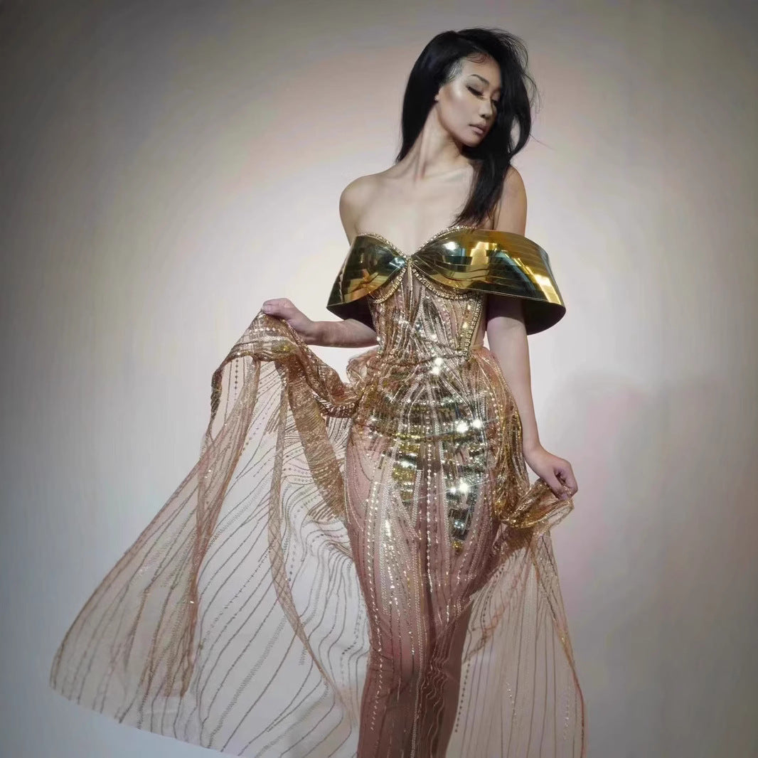 Gold Strapless Sequined Split Dress