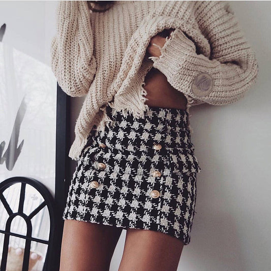 Metal buckle houndstooth skirt