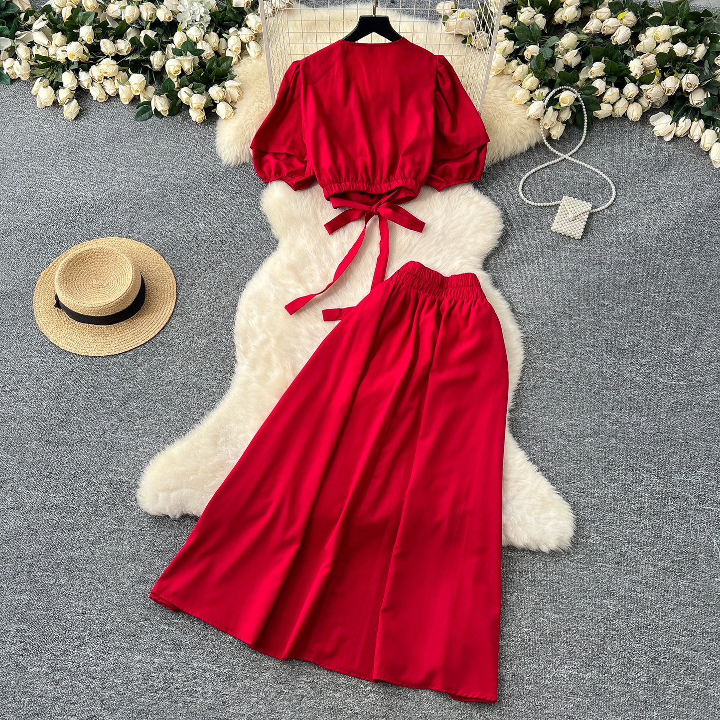 V-neck Puffed-sleeve Shirt Skirt Set
