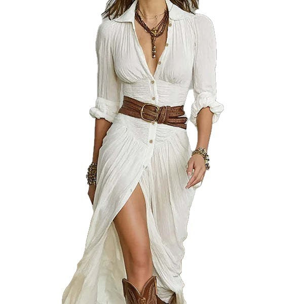 Solid Color Irregular Pleated With Belt Dress