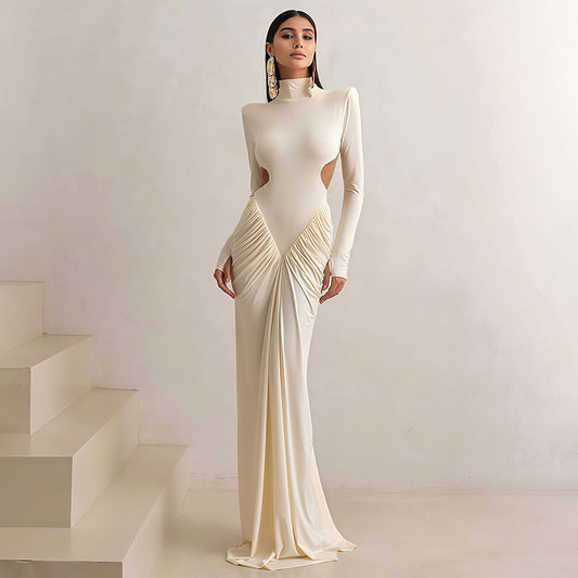 Long Sleeve High Collar Backless Dress