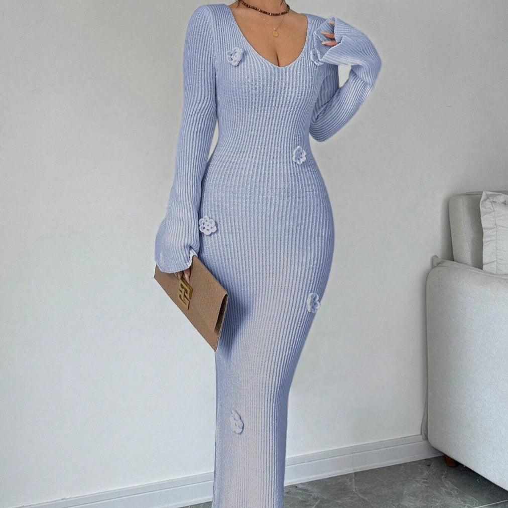 V-neck Waist Trimming Knitted Dress