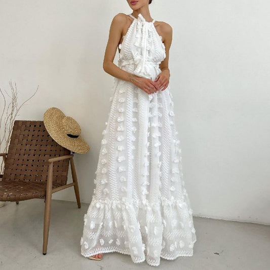 Round Neck Halter Three-dimensional Flower Dress