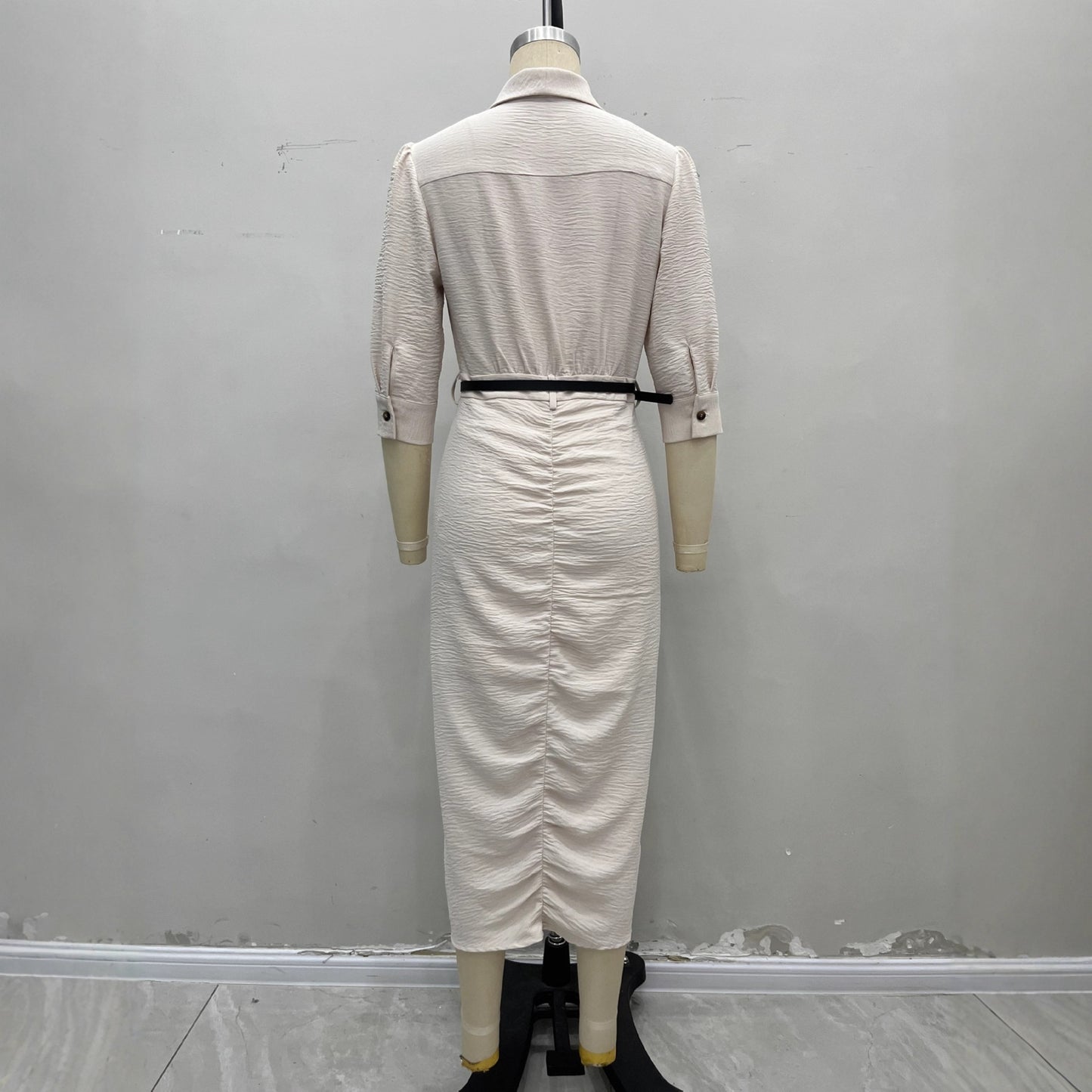 Short-Sleeve Belted Pleated Shirt Dress