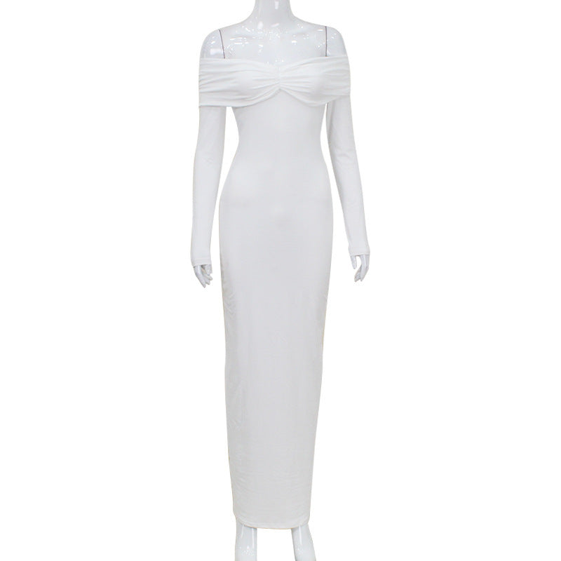 Solid Color French Style Off-shoulder Long Sleeve Dress
