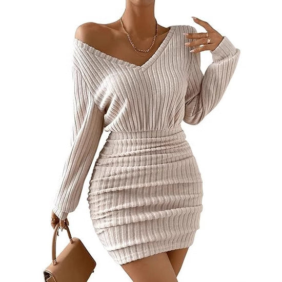 Solid Color And V-neck Mini Dress