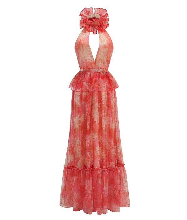 Sleeveless Halter Floral Dress