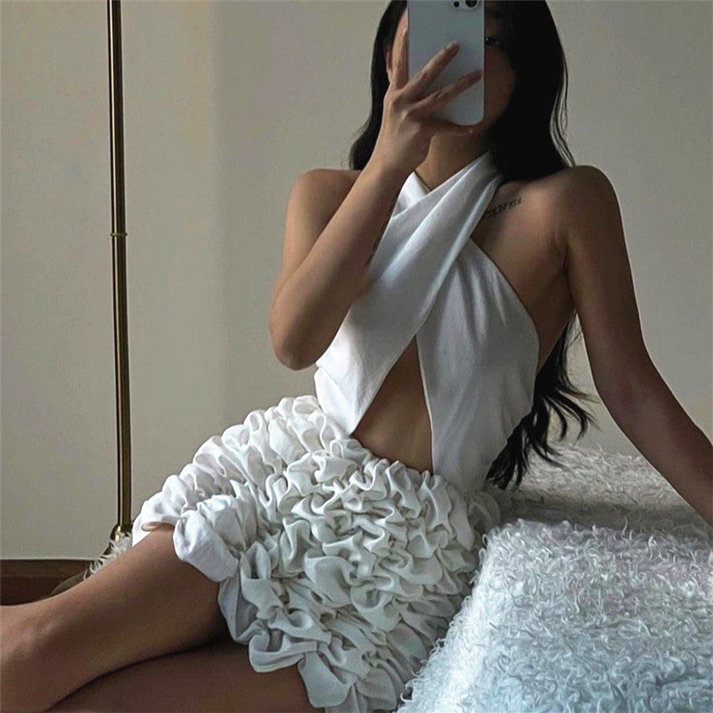 Solid Cross Neck Backless Flower Dress