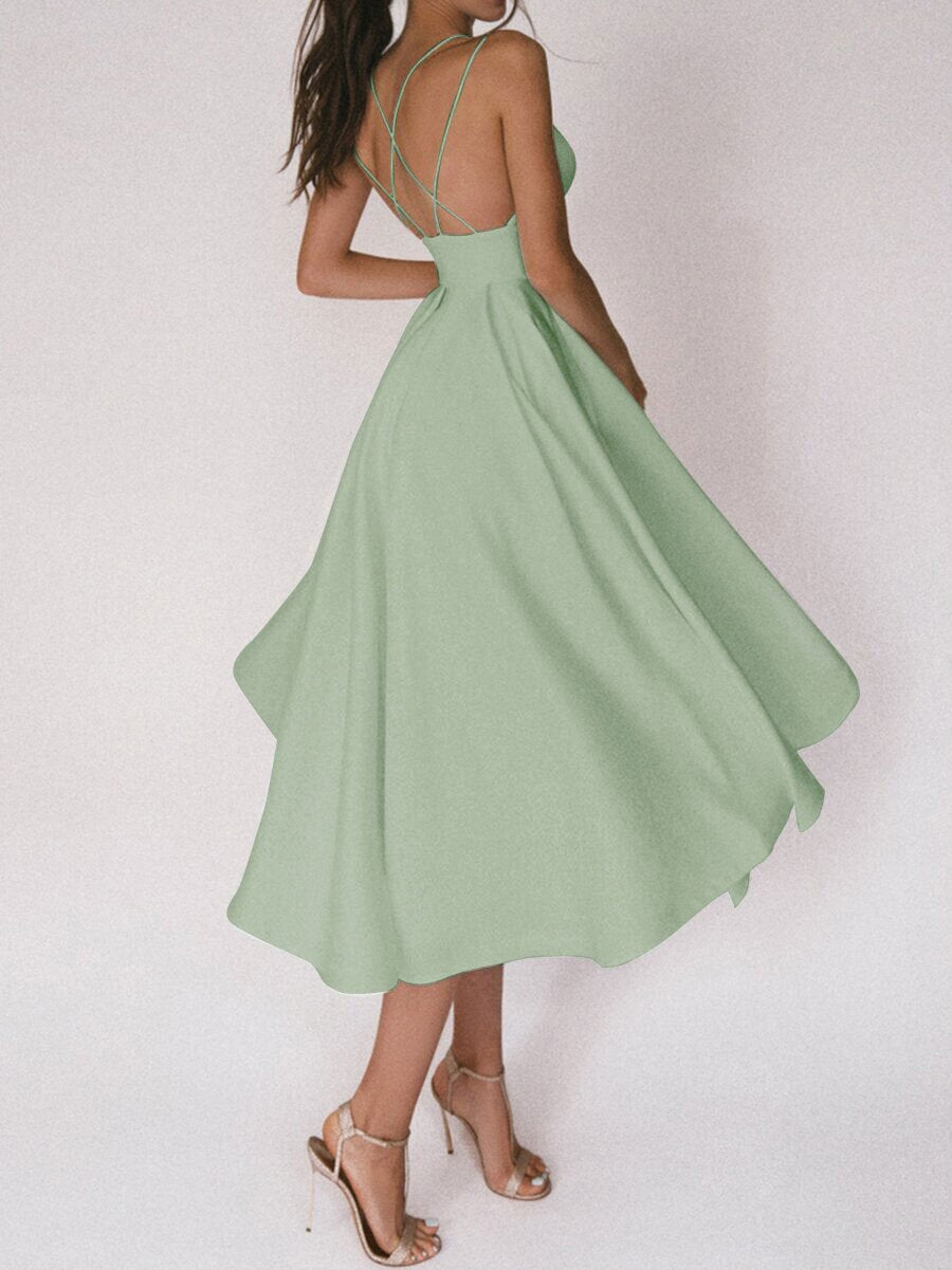 Solid V-neck Suspender Dress