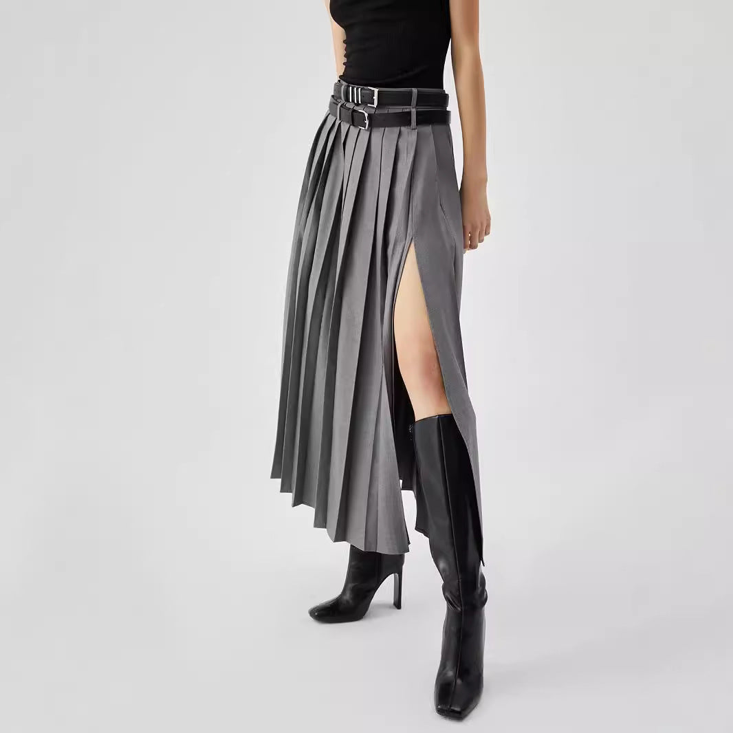 High waist pleated skirt with a stylish slit, designed by M Chic Boutique, showcasing a flowy, elegant silhouette.