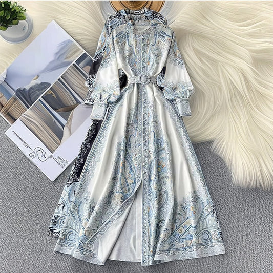 Style Lapel Lantern Sleeve Printed Dress