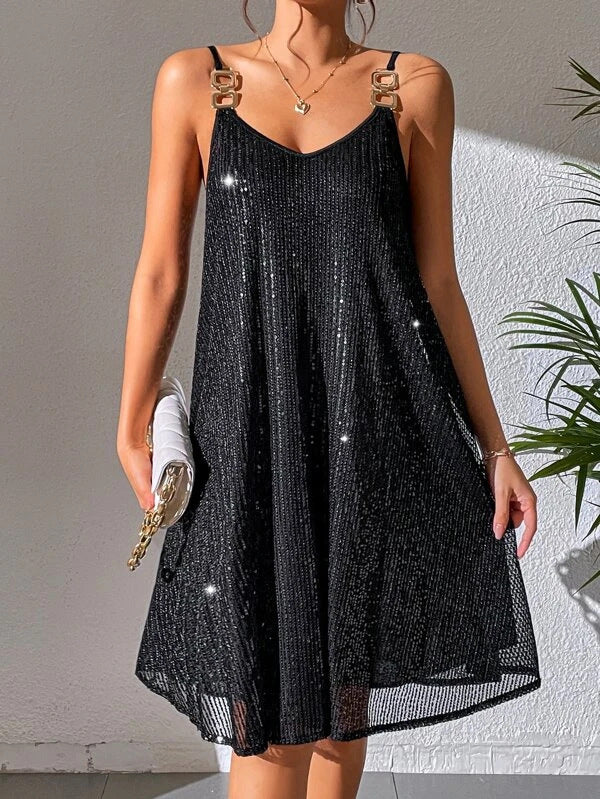 Solid European Style Elegant Sequins Dress