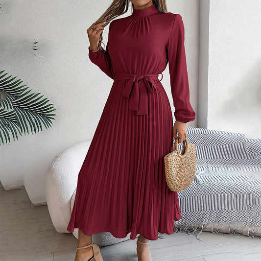 High Neck Long Sleeve Pleated Maxi Dress