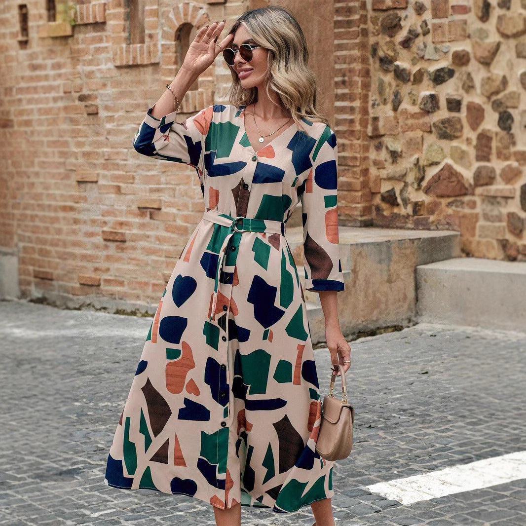 V-neck Printed Belt Dress