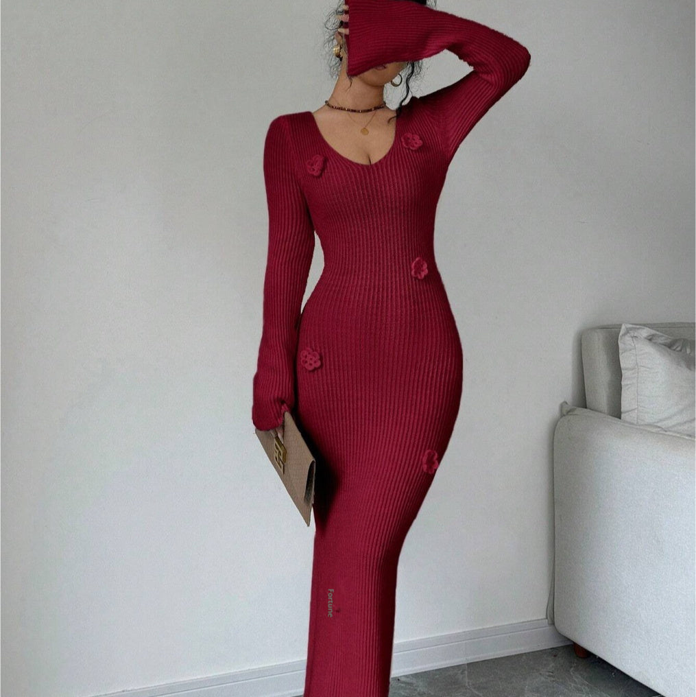 V-neck Waist Trimming Knitted Dress