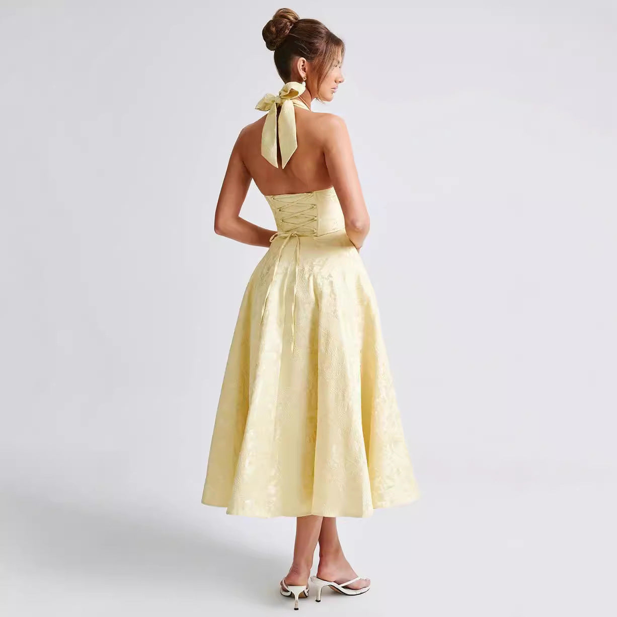 V-neck Halter Sleeveless Jacquard Lace-up Dress