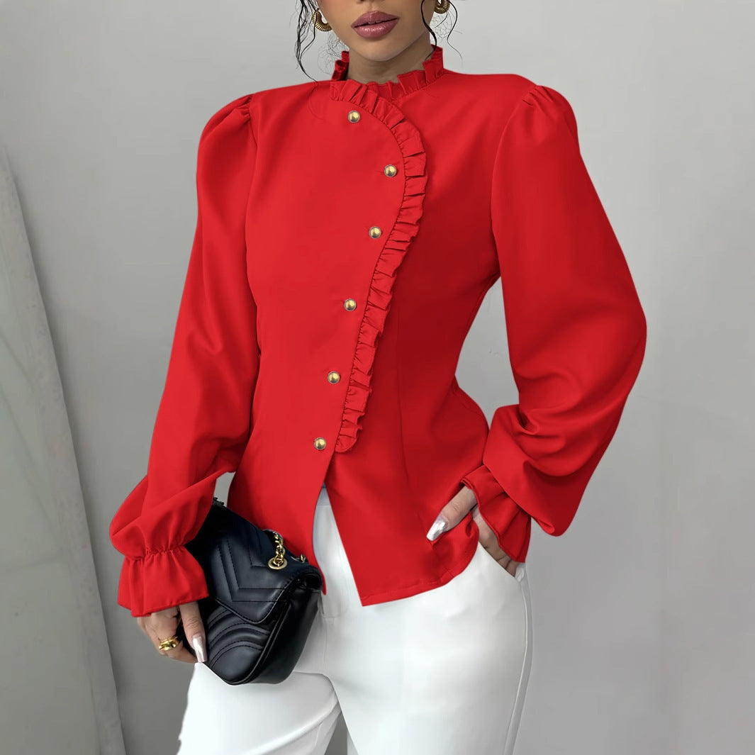 Women's Elegant French Asymmetrical Button-down Long Sleeve Blouse