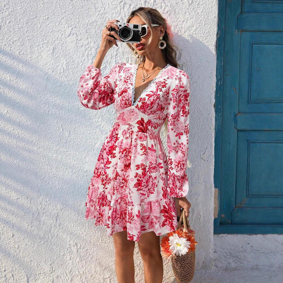 Lace V-neck Long Sleeve Dress