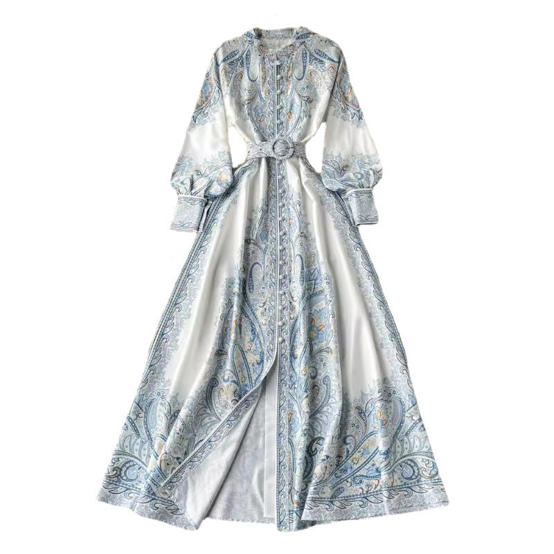 Style Lapel Lantern Sleeve Printed Dress