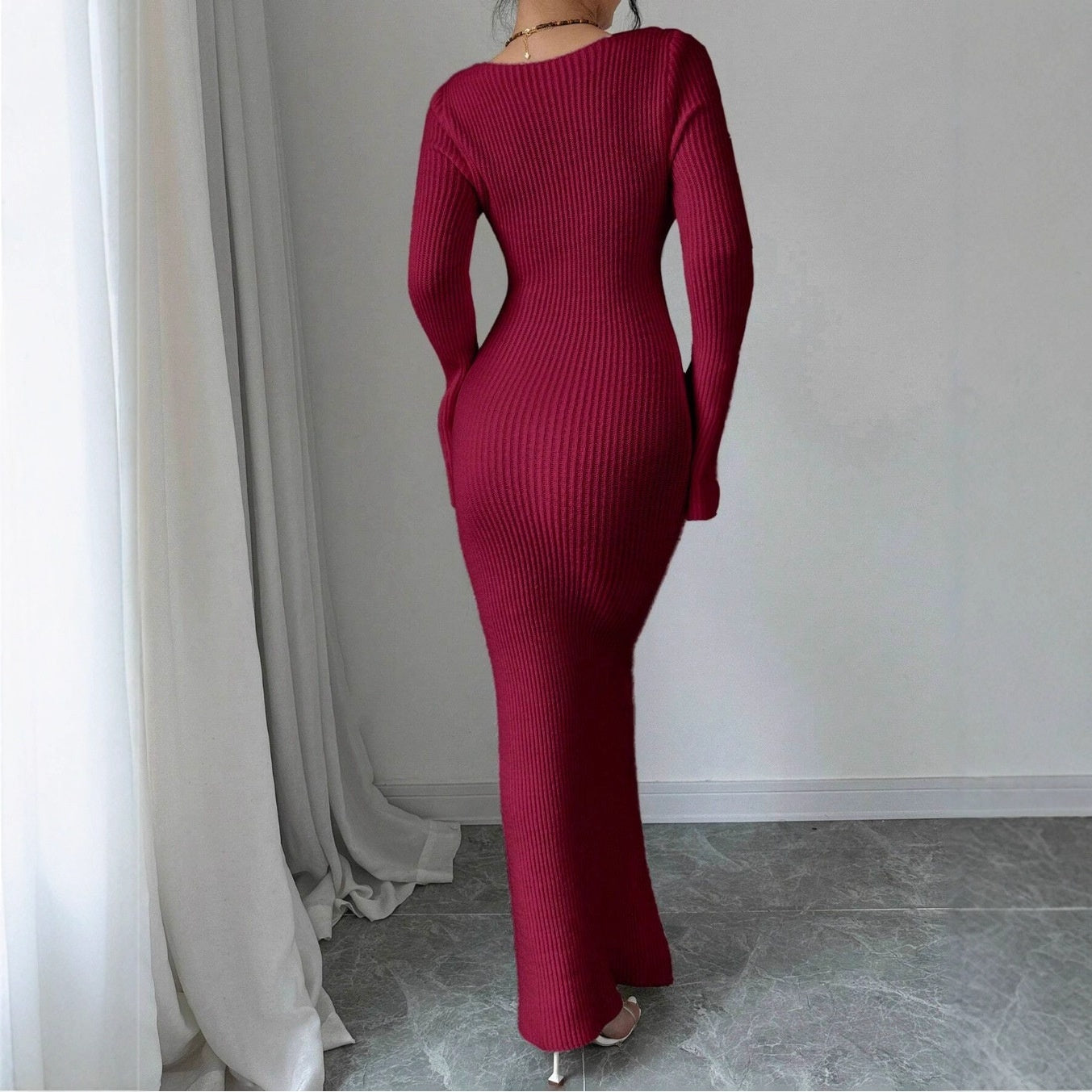 V-neck Waist Trimming Knitted Dress