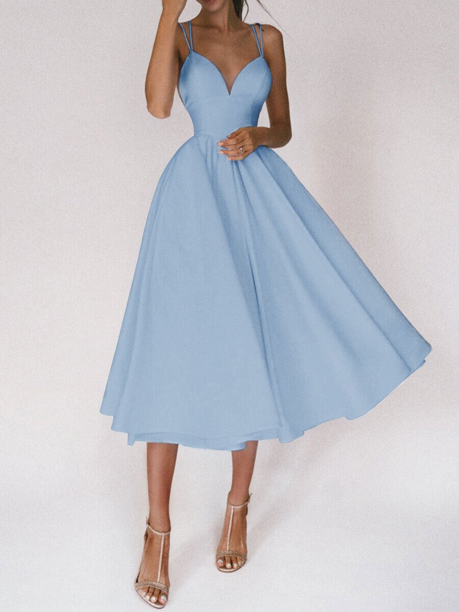 Solid V-neck Suspender Dress