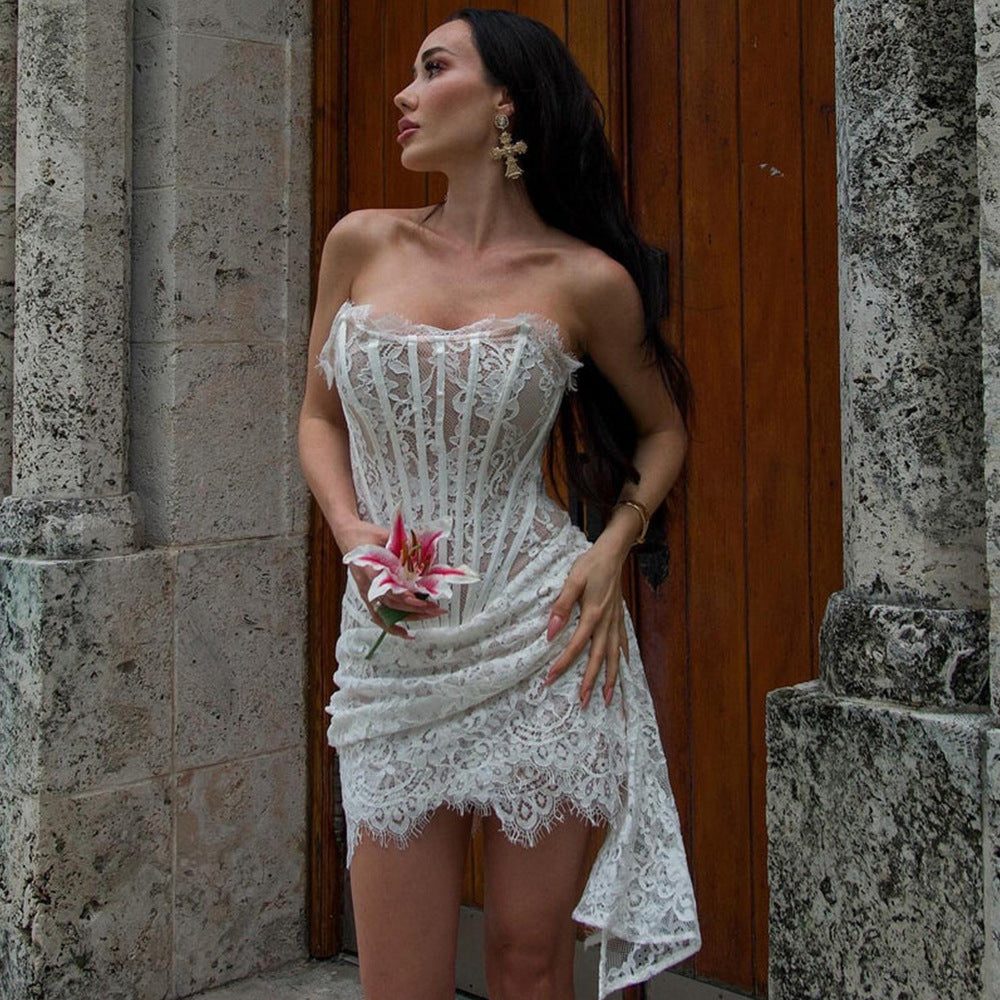 Lace waist tube top dress in elegant design, showcasing a fitted bodice and flowing skirt from M Chic Boutique.