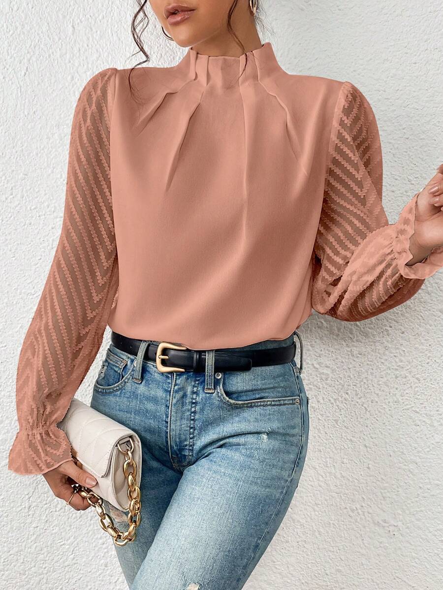 Half-turtleneck Stitching Wavy Chiffon Top