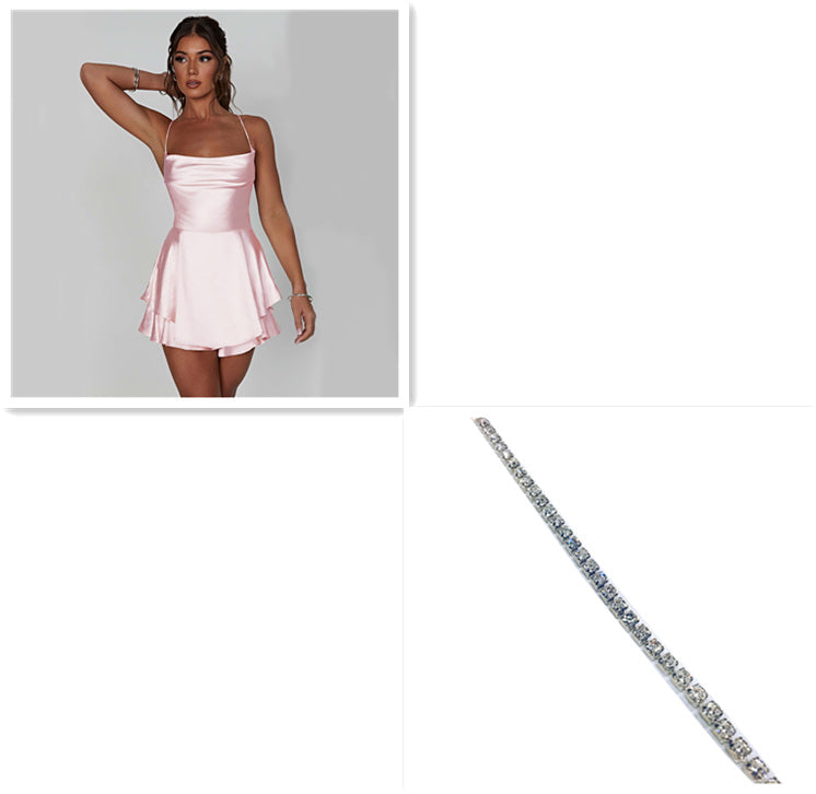 Elegant satin backless lace-up short dress by M Chic Boutique, showcasing smooth fabric and stylish open back design.