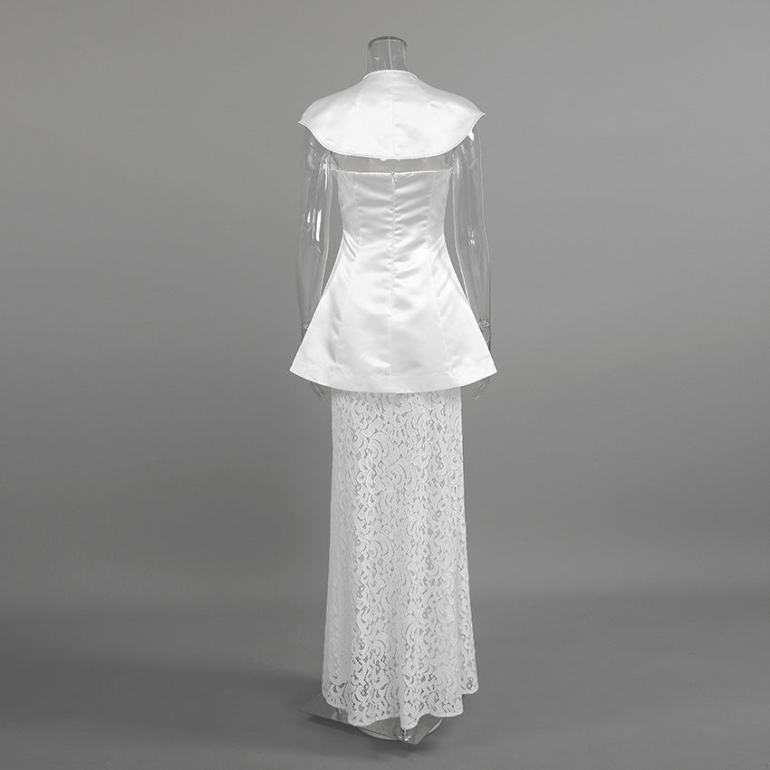 Two-piece Set- Irregular Strapless Top And White Lace Skirt
