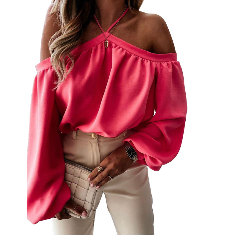 Women's solid color strapless long-sleeved casual top with hanging neck, elegant T-shirt style from M Chic Boutique.