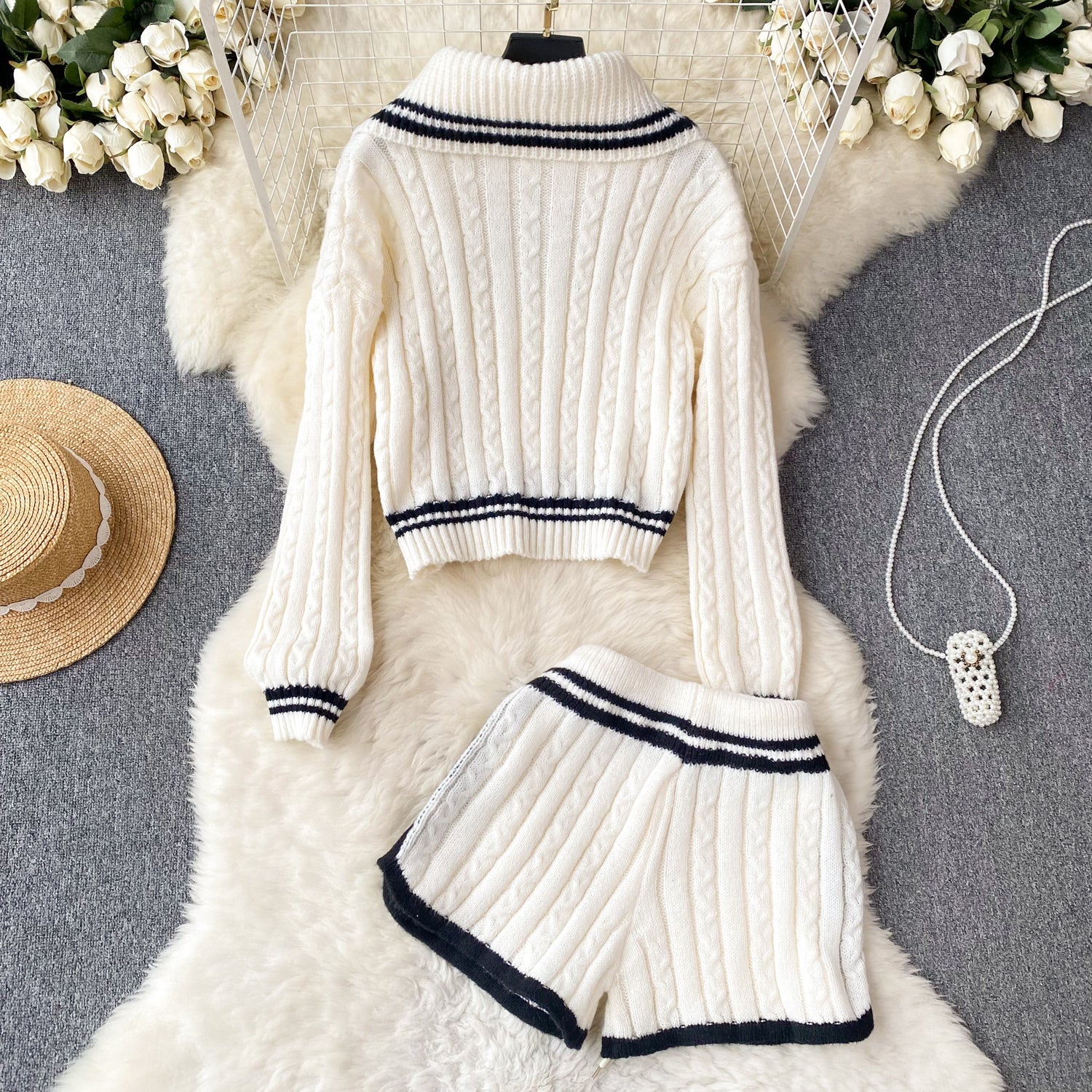 Breasted-collar striped sweater and shorts set from M Chic Boutique, featuring a stylish two-piece design in soft fabric.