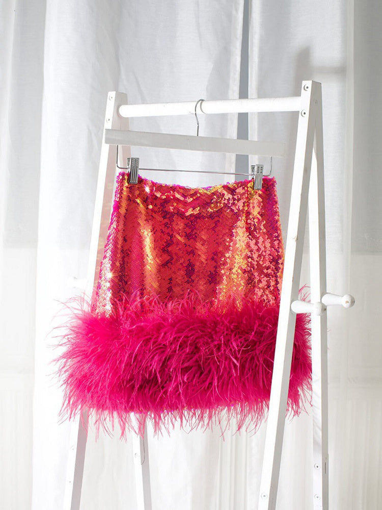 Sequin Feather Stitched Short Skirt