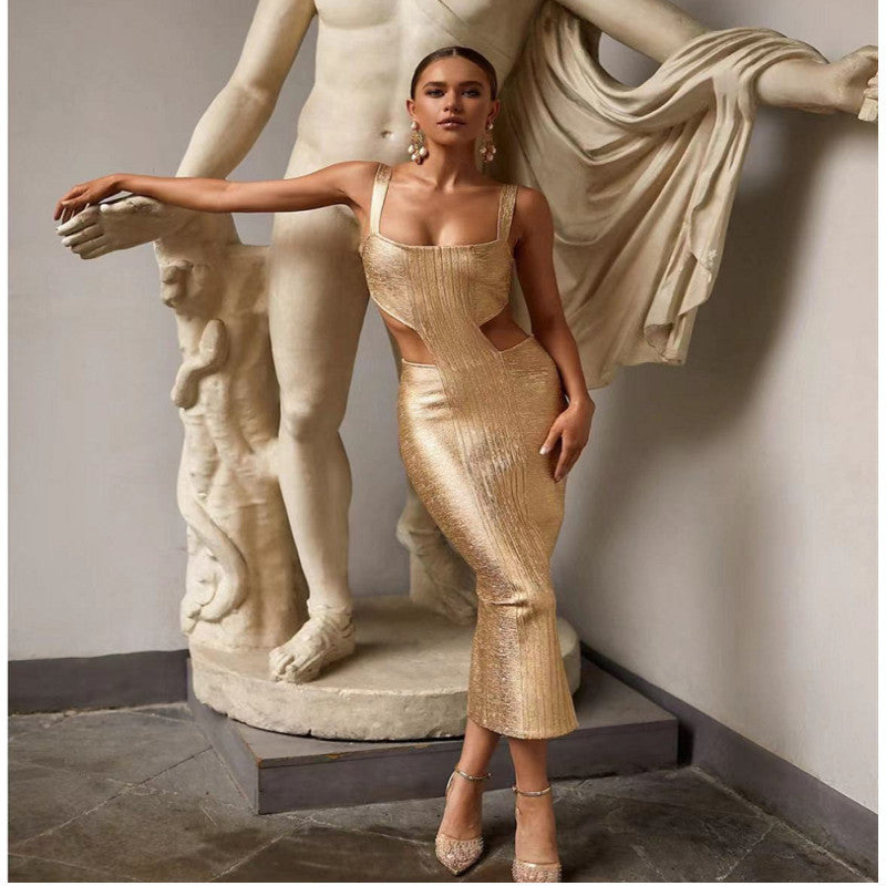 Sling Bronzing Mid Length Bandage Dress