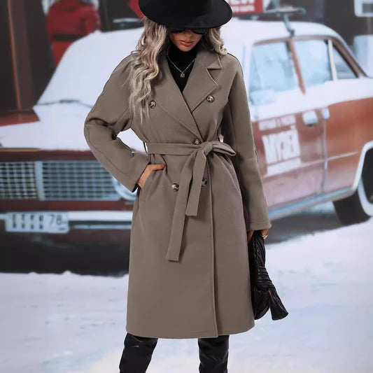 Solid Color Double Breasted Lace-up Woolen Coat