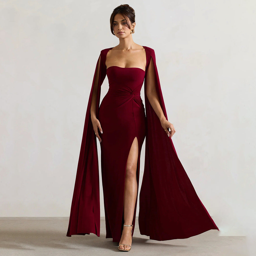 Long Sleeve High Slit Solid Color Dress