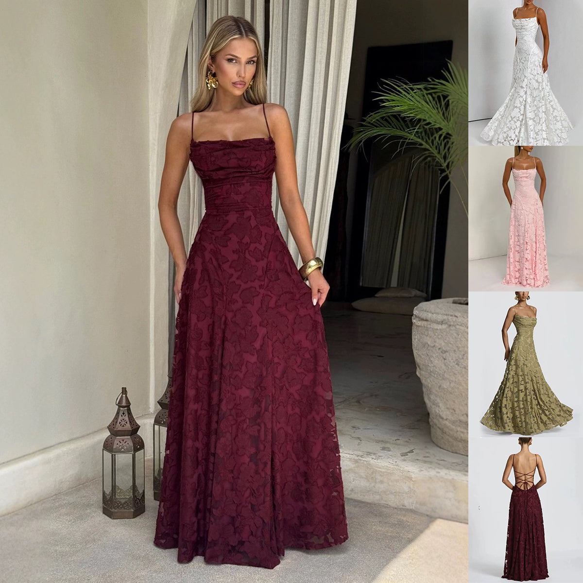 Backless lace-up design dress from M Chic Boutique featuring a stylish, elegant silhouette with intricate lace details.
