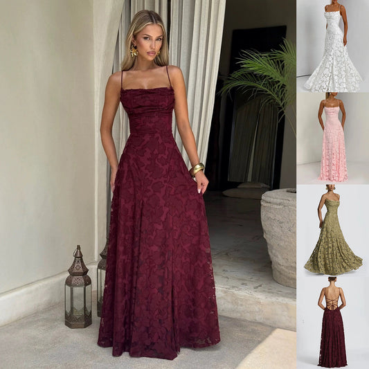 Backless lace-up design dress from M Chic Boutique featuring a stylish, elegant silhouette with intricate lace details.