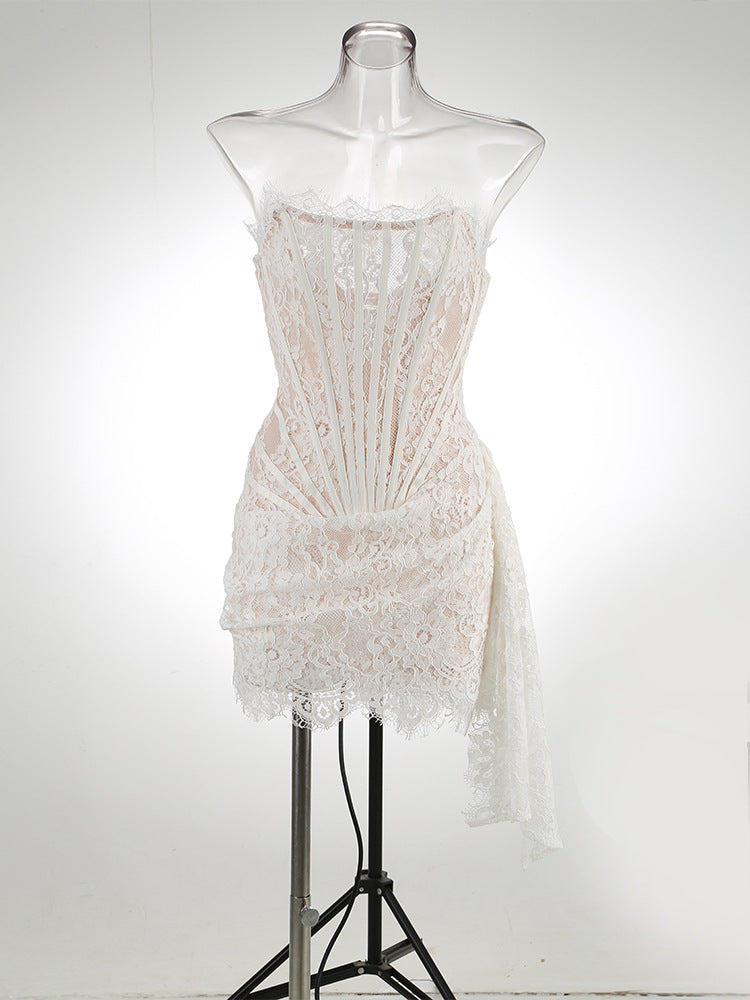 Lace waist tube top dress in a soft fabric, featuring a fitted bodice and flowing skirt, by M Chic Boutique.