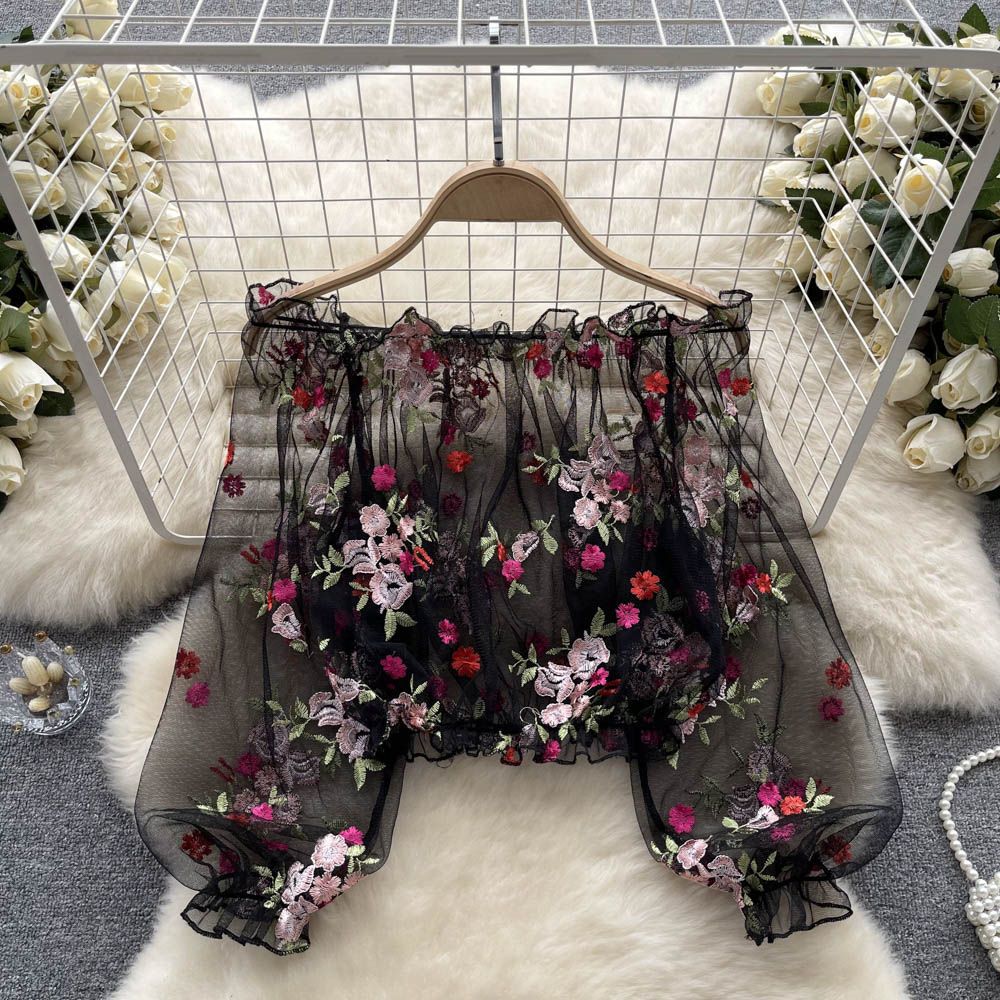 Elegant off-shoulder mesh embroidery transparent shirt from M Chic Boutique, featuring delicate floral embroidery and sheer fabric.